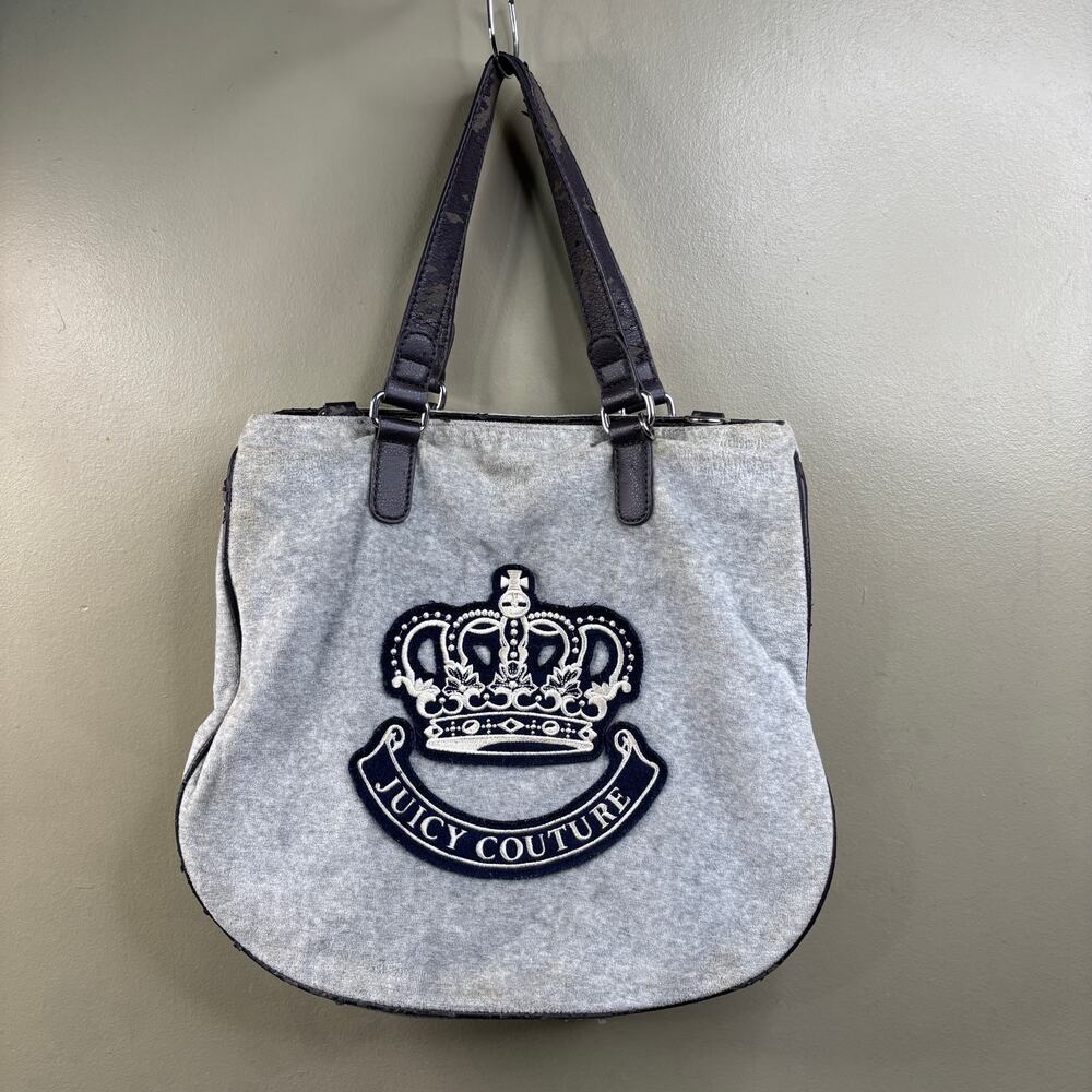 Vintage Juicy Couture Velour Tote Bag Gray Embroidered Crown Logo McBling Y2K